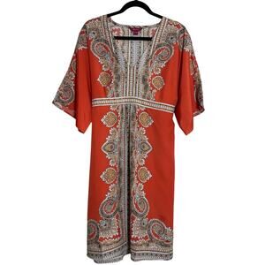 Monsoon Orange Paisley Print Kimono Sleeve Waist Tie Midi Dress Women's SZ 10